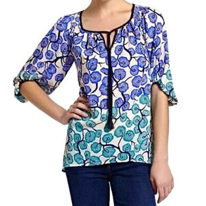 Anthropologie Floral Peasant Puff Sleeve V Neck Tunic Blouse Top size Medium